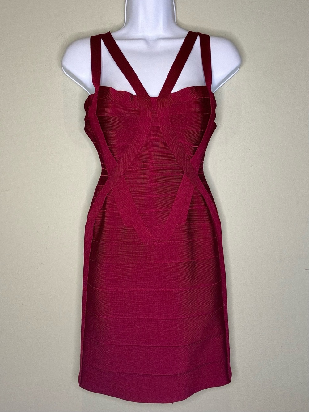 Herve Leger double-strap bandage dress, claret, size small